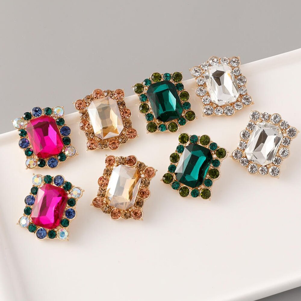 1 Pair Retro Large Block Geometric Stud Earrings Gold Plated Colorful Rhinestone